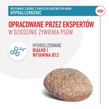 Hipoalergiczne przysmaki dla psów, z teksturowanym brązowym przysmakiem, z tekstem podkreślającym fachową formułę, hydrolizowane białko i witaminę B12.