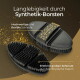 Zwei schwarze ovale Tierbürsten mit synthetischen Borsten. Sichtbare deutsche Überschrift: „Langlebigkeit durch Synthetik‑Borsten“