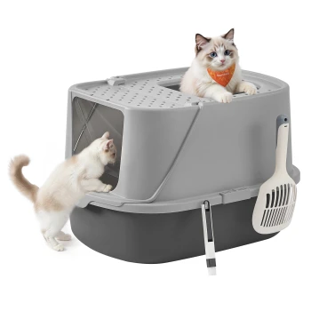 Katzenklo groß XXL, Katzentoilette mit Deckel, mit Schaufel und Bürste hellgrau