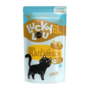 Bunte "Lucky Lou" Katzenfutterverpackung mit einer Illustration einer schwarzen Katze, die "Geflügel & Wild mit Apfel" angibt, getreidefrei, 125g, hergestellt in Deutschland.