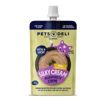 PET'S DELI Classic Silky Cream Hühner-Katzenfutterbeutel für erwachsene Katzen, getreide- und zuckerfrei, 70 g.