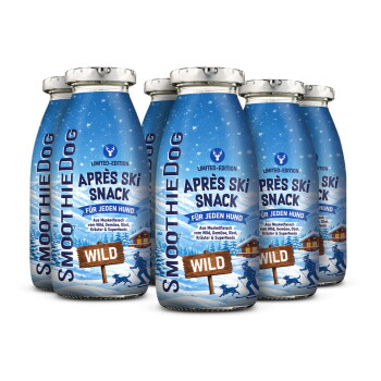 Blaue SmoothieDog‑Flaschen mit den Aufschriften „Après Ski Snack“, „Für jeden Hund“, „Limited‑Edition“ und „Wild“, mit verschneiter Hütten‑Illustration.
