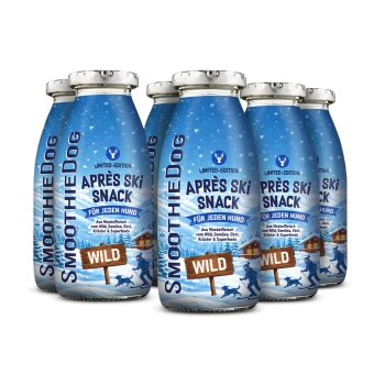 Blaue SmoothieDog‑Flaschen mit den Aufschriften „Après Ski Snack“, „Für jeden Hund“, „Limited‑Edition“ und „Wild“, mit verschneiter Hütten‑Illustration.