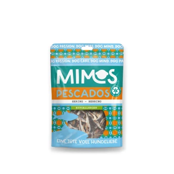 Hering 80g Eine bunte Haustier-Leckerlitasche mit der Aufschrift "MIMOS PESCADOS", die Hering enthält, mit dem Text "hypoallergen" und einem Design von kleinen Fischen.