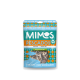 Eine bunte Haustier-Leckerlitasche mit der Aufschrift "MIMOS PESCADOS", die Hering enthält, mit dem Text "hypoallergen" und einem Design von kleinen Fischen.