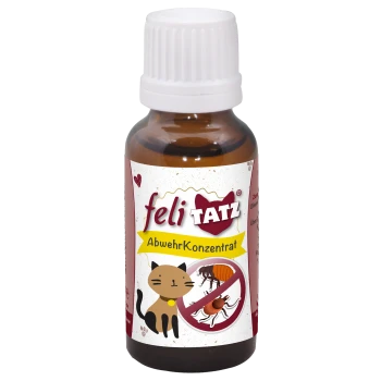 Flasche FeliTatz AbwehrKonzentrat, ein Katzeninsektenschutzmittel, mit einer Cartoon-Katze und Symbolen von Flöhen und Zecken mit einem Verbotsschild.