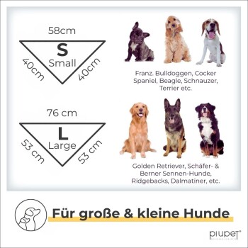 Hundezubehör Größenübersicht: S 58cm, L 76cm. Rassen umfassen Beagle und Golden Retriever. Deutscher Text: "Für große & kleine Hunde."