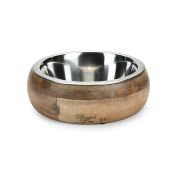 Holz-Haustierfutterschüssel mit einer inneren Edelstahlbeschichtung, mit dem Text 'Designed by Zotte' auf der Seite eingraviert.