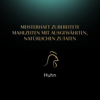 Schwarzes Etikett mit goldener Schrift: 'Meisterhaft zubereitete Mahlzeiten aus natürlichen Zutaten' über einem goldenen Hühnersymbol mit der Beschriftung 'Huhn'.