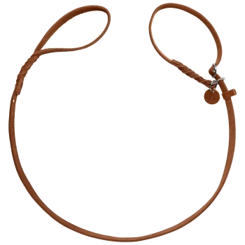 Brauner Lederhundehalsband mit geflochtenem Detail und einer Metallschlaufe zur Leinenbefestigung, mit einem kleinen runden Anhänger.