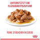 Haustierfutter auf einem weißen Teller mit zarten Stückchen in Sauce, mit dem Text "UNTERSTÜTZT DIE FLÜSSIGKEITSZUFUHR" und "FEINE STÜCKCHEN IN SOSSE."
