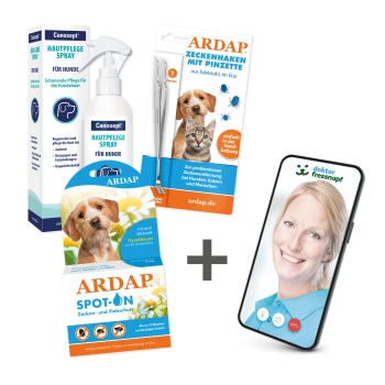 Tierpflegeprodukte: Canosept Hundespray, ARDAP Zeckenentferner, Floh- und Zecken Spot-On, plus ein Smartphone, das eine Tierarztkonsultation zeigt.
