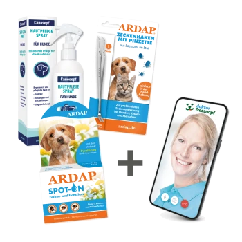 Tierpflegeprodukte: Canosept Hundespray, ARDAP Zeckenentferner, Floh- und Zecken Spot-On, plus ein Smartphone, das eine Tierarztkonsultation zeigt.