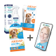 Tierpflegeprodukte: Canosept Hundespray, ARDAP Zeckenentferner, Floh- und Zecken Spot-On, plus ein Smartphone, das eine Tierarztkonsultation zeigt.