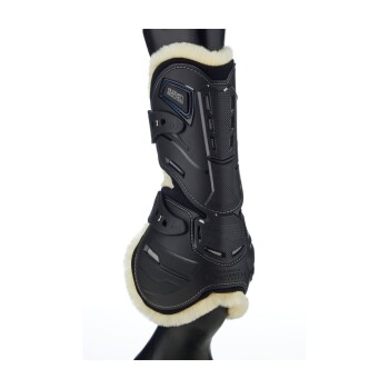 Schwarze Beinschützer für Pferde mit weichem weißen Fleece-Futter, mit verstellbaren Riemen und strukturierten Oberflächen.