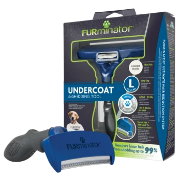 Blaues FURminator-Entfilzungswerkzeug für Unterwolle mit Verpackung, Größe L (23–41 kg), Text: Entfernt bis zu 99 % lose Haare.