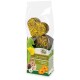Grainless pet treats in heart shapes, featuring dried herbs and flowers, packaged in a clear bag with a green and white label.