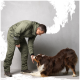 Eine Person in einem grünen Overall interagiert mit einem braun-weißen Australian Shepherd-Hund, beide vor einem grauen Hintergrund positioniert.