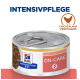 Konserviertes Haustierfutter mit der Aufschrift "Hill's Prescription Diet On-Care", das Huhn und Gemüse enthält, mit einem Zugdeckel und einem bunten Design.