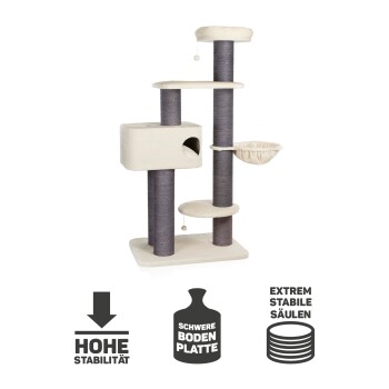 Katzenbaum mit mehreren Ebenen, einem gemütlichen Versteck und einem hängenden Spielzeug, mit Text, der hohe Stabilität und einen schweren Sockel hervorhebt.