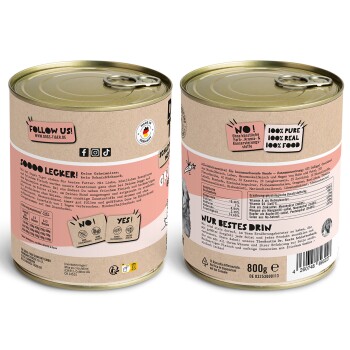 Dosen-Hundefutter mit einem beigen Etikett, auf dem die Texte "100% PURE 100% REAL 100% FOOD" und "Sooooo Lecker!" auf der Vorderseite zu sehen sind.