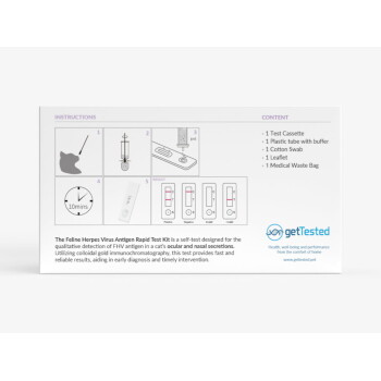 Rückseite der getTested Feline Herpes Virus Antigen-Schnelltestbox mit Anweisungen, 10-Minuten-Uhr, Kassetten-Ergebnisdiagrammen und Inhaltsliste