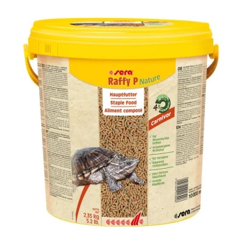 Conteneur jaune de nourriture pour tortues Sera Raffy P Nature, avec un graphique de tortue, indiquant que c'est une nourriture de base pour les tortues carnivores.