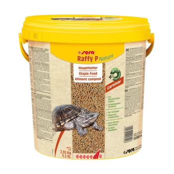 Conteneur jaune de nourriture pour tortues Sera Raffy P Nature, avec un graphique de tortue, indiquant que c'est une nourriture de base pour les tortues carnivores.
