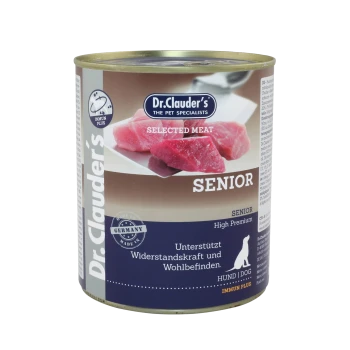 Dosenhundefutter von Dr. Clauder's, beschriftet mit "Senior," mit ausgewähltem Fleisch, mit einem Hinweis zur Unterstützung der Immunität und des Wohlbefindens.