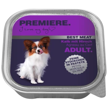 Verpackung für Nassfutter mit einem Papillon-Hund, der sich die Lippen leckt, beschriftet mit "Premiere. Bestes Fleisch. Kalb mit Hirsch. Adult."