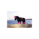 Ein plüschiges schwarzes Pferdespielzeug, geschmückt mit rosa Accessoires, das an einem felsigen Ufer mit verschwommenem Ozeanhintergrund steht.