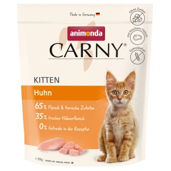 Haustierfutterverpackung für Animonda Carny Kätzchen, 350 g, mit 65 % Fleisch, 35 % Huhn und 0 % Getreide mit einer Katzen-Grafik.