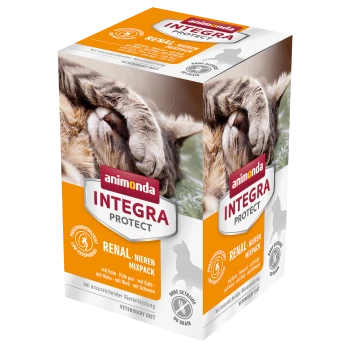 Karton mit Animonda Integra Protect Renal Mixpack für Haustiere, mit Bildern einer Katze und Text, der auf niedrigen Phosphorgehalt und veterinärmedizinische Diät hinweist.
