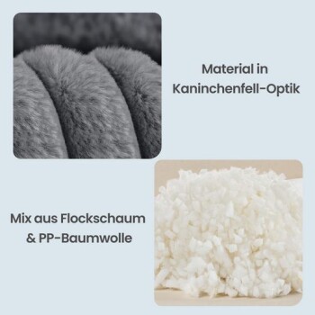 Nahaufnahme von Kunstkaninchenfell mit dem Text 'Material in Kaninchenfell-Optik'; weiße, zerkleinerte Füllung mit dem Text 'Mix aus Flockschaum & PP-Baumwolle'.
