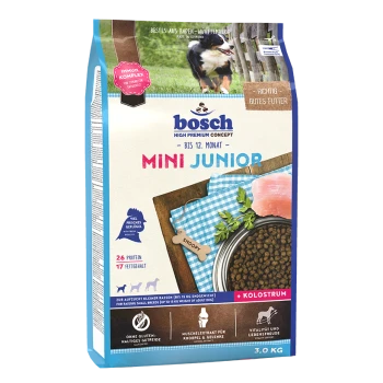 Bosch Mini Junior Hundefutterbeutel, 3 kg, mit einem blau-weißen karierten Design, das Protein, Fett und Vorteile für kleine Rassen hervorhebt.