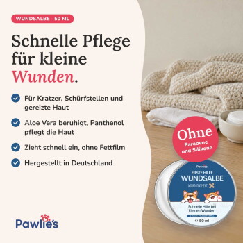 Eine Person hält eine Dose "Erste Hilfe Wundsalbe" für Haustiere, mit einem Hund im Hintergrund. Text: "Schutz und Pflege, Optimale Wundversorgung."