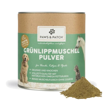 Paws & Patch Dose mit der Aufschrift „GRÜNLIPPMUSCHEL PULVER“ und „für Hunde, Katzen & Pferde“, zeigt Hund, Katze, Pferd und eine Pulverhäufung.