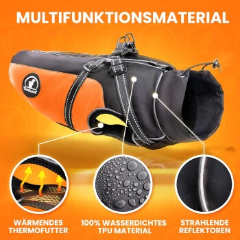Eine schwarz-rote Hundejacke, beschriftet mit "MULTIFUNKTIONSMATERIAL" mit thermischer Fütterung, wasserdichtem TPU und reflektierenden Details.