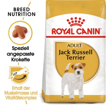 Royal Canin Adult Jack Russell Terrier Hundefutterbeutel mit einer kleinen Hundillustration, die die ernährungsphysiologischen Bedürfnisse der Rasse und die Unterstützung der Muskulatur betont.