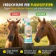 Eine "GREEN HERO" Sprühflasche mit einem Pferdegrafik auf einem türkisfarbenen Sockel, beschriftet für Insektenschutz. Hergestellt in Deutschland.
