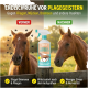 Eine "GREEN HERO" Sprühflasche mit einem Pferdegrafik auf einem türkisfarbenen Sockel, beschriftet für Insektenschutz. Hergestellt in Deutschland.
