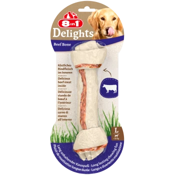 8in1 Delights Kość wołowa dla psów, z dużą kością z widocznym mięsem wołowym w środku, oznaczona w wielu językach.