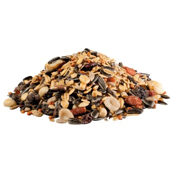 Ein Haufen gemischter Vogelfutter mit Sonnenblumenkernen, Nüssen, Getreide und Trockenfrüchten, ideal zur Fütterung von Vögeln.