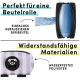 Hundeabfallbeutelspender mit einem schwarz-lila gestreiften Design, mit Text, der die einfache Beutelentnahme und das wasserdichte Polyester-Material hervorhebt.