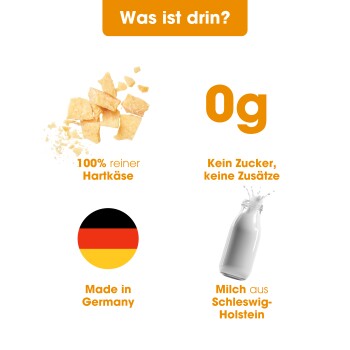 Flussdiagramm, das die Produktion von Käse-Sticks für Haustiere zeigt: Milch sammeln, kochen, weichen Käse herstellen und trocknen. Deutscher Text: "Wie wird unser Käse-Stick hergestellt?"