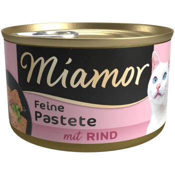 Dose Miamor Katzenfutter, rosa Etikett mit der Aufschrift 'Feine Pastete mit RIND', Foto einer weißen Katze.