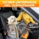 Haustierträger im Autositz, mit einem Netzdesign für 360° Sichtbarkeit, mit dem Text "SICHER UNTERWEGS INKL. GURTAUFNAHME."