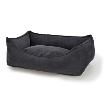 Ein gemütliches, dunkelgraues Haustierbett mit erhöhten Seiten und einem weichen Kissen in der Mitte, entworfen für kleine bis mittelgroße Haustiere.