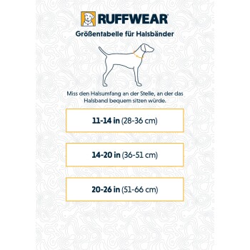 Ruffwear Größenübersicht für Hundehalsbänder, mit einer Hundillustration und Maßen: 11-14 Zoll (28-36 cm), 14-20 Zoll (36-51 cm), 20-26 Zoll (51-66 cm).