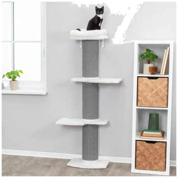 Eine schwarz-weiße Katze sitzt auf einem hohen, grauen Katzenbaum mit weichen weißen Plattformen, in der Nähe eines Fensters und eines Bücherregals.